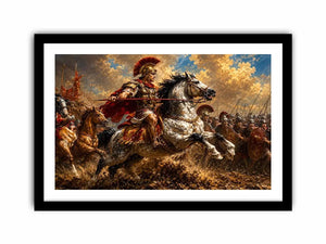 Roman cavalry battle scene in dramatic classical battle painting style for living room decor.