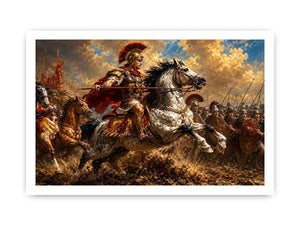 Roman cavalry battle scene in dramatic classical battle painting style for living room decor.