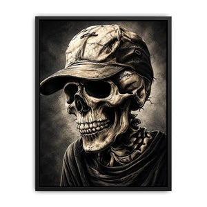 Skull portrait with cap in dark gothic illustration style for mancave decor.