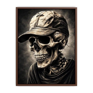 Skull portrait with cap in dark gothic illustration style for mancave decor.