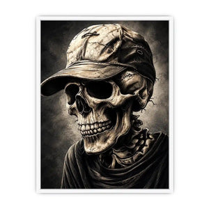 Skull portrait with cap in dark gothic illustration style for mancave decor.