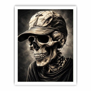 Skull portrait with cap in dark gothic illustration style for mancave decor.