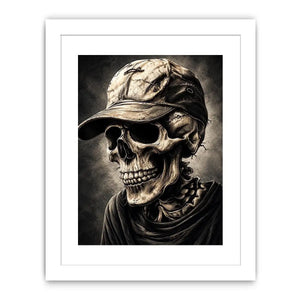 Skull portrait with cap in dark gothic illustration style for mancave decor.