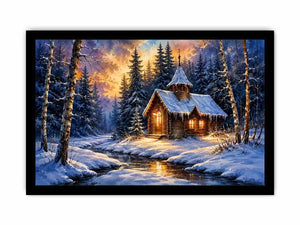 Snowy forest chapel landscape in watercolor winter landscape style for bedroom decor.