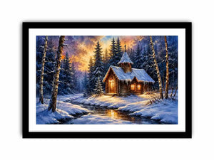 Snowy forest chapel landscape in watercolor winter landscape style for bedroom decor.