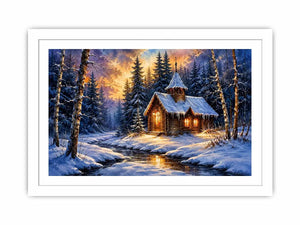 Snowy forest chapel landscape in watercolor winter landscape style for bedroom decor.