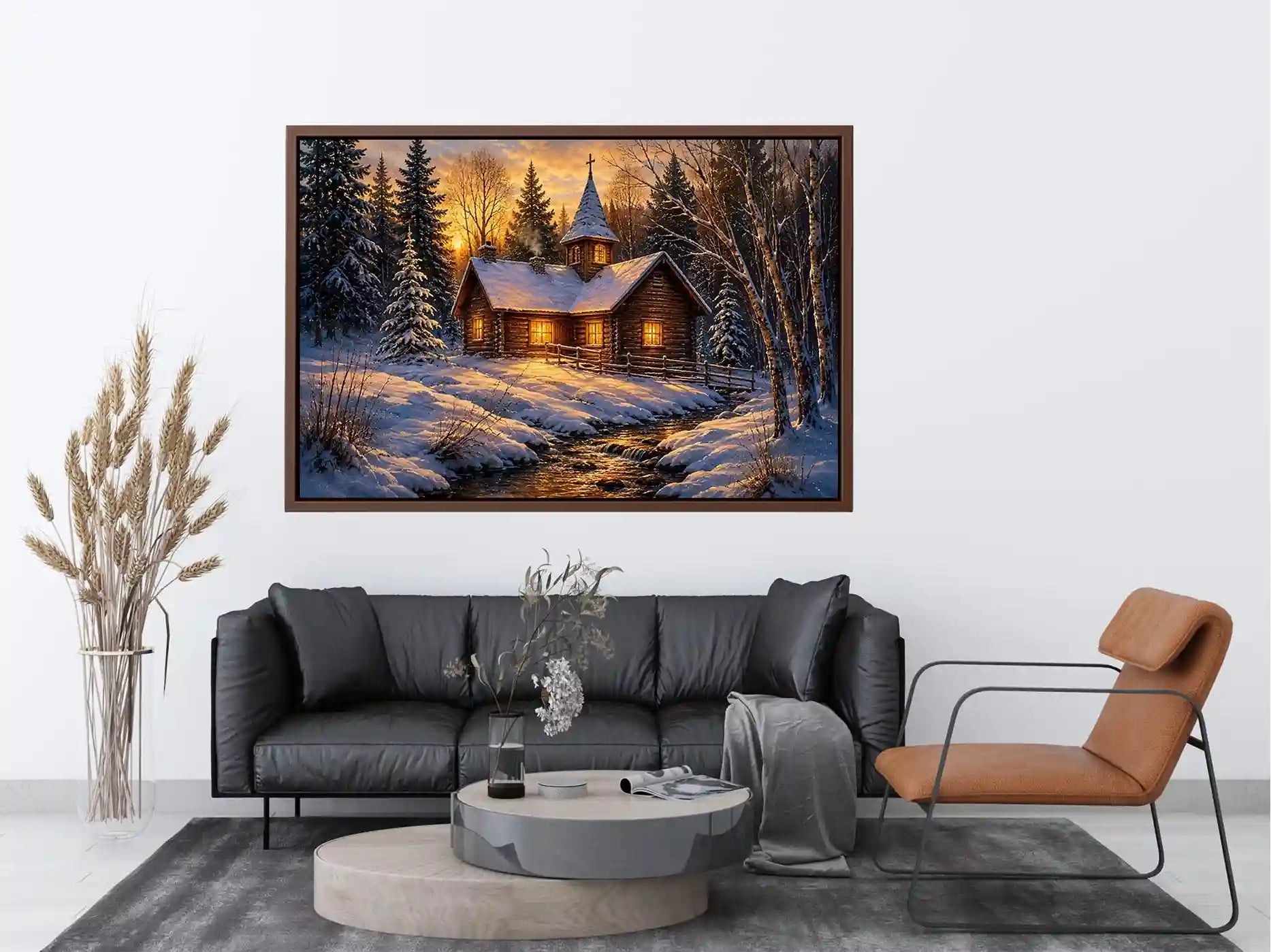 Snow covered cabin chapel in rustic winter artwork style for living room decor.