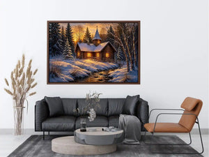 Snow covered cabin chapel in rustic winter artwork style for living room decor.