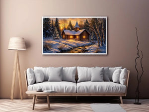 Snow covered cabin chapel in rustic winter artwork style for living room decor.