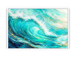 Turquoise crashing ocean waves in coastal aerial photography style for beach house decor.