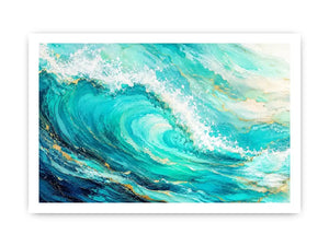 Turquoise crashing ocean waves in coastal aerial photography style for beach house decor.