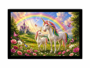 Unicorn family in rainbow meadow in fantasy illustration style for nursery decor.