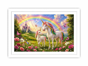 Unicorn family in rainbow meadow in fantasy illustration style for nursery decor.