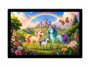 Pastel unicorn family near castle in cute fantasy artwork style for kids decor.