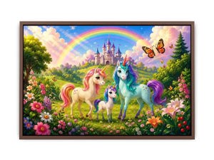 Pastel unicorn family near castle in cute fantasy artwork style for kids decor.