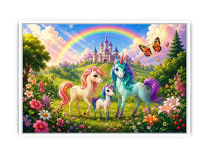 Pastel unicorn family near castle in cute fantasy artwork style for kids decor.