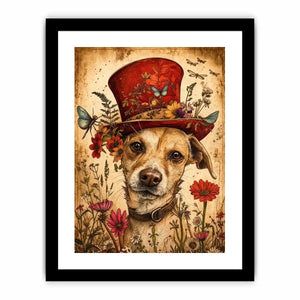 Vintage dog portrait wall art canvas with red hat, flowers, and butterflies, whimsical botanical decor for living room or bedroom