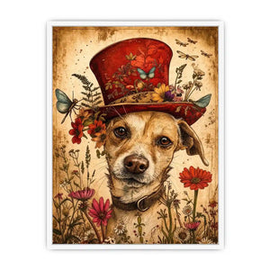 Vintage dog portrait wall art canvas with red hat, flowers, and butterflies, whimsical botanical decor for living room or bedroom