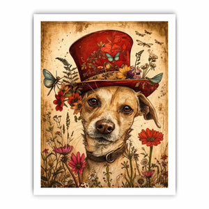 Vintage dog portrait wall art canvas with red hat, flowers, and butterflies, whimsical botanical decor for living room or bedroom