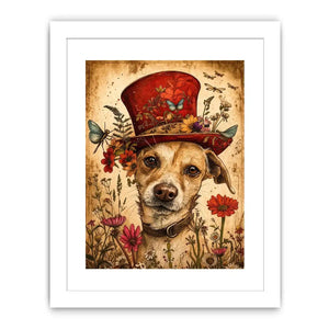Vintage dog portrait wall art canvas with red hat, flowers, and butterflies, whimsical botanical decor for living room or bedroom