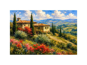 Italian countryside villa landscape in impressionist countryside painting style for dining room decor.