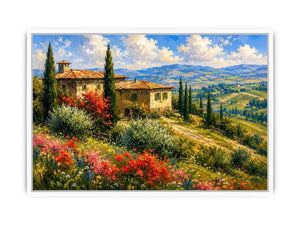Italian countryside villa landscape in impressionist countryside painting style for dining room decor.
