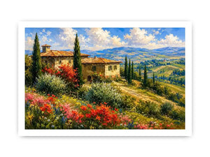Italian countryside villa landscape in impressionist countryside painting style for dining room decor.