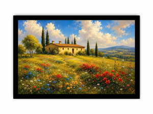 Tuscan countryside landscape with cottage and wildflowers for stylish living room wall decor.