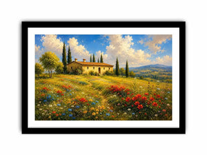 Tuscan countryside landscape with cottage and wildflowers for stylish living room wall decor.