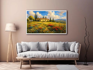 Tuscan countryside landscape with cottage and wildflowers for stylish living room wall decor.