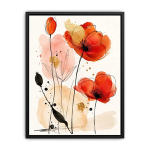 Abstract watercolor poppy floral artwork for stylish living room wall decor.