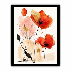 Abstract watercolor poppy floral artwork for stylish living room wall decor.