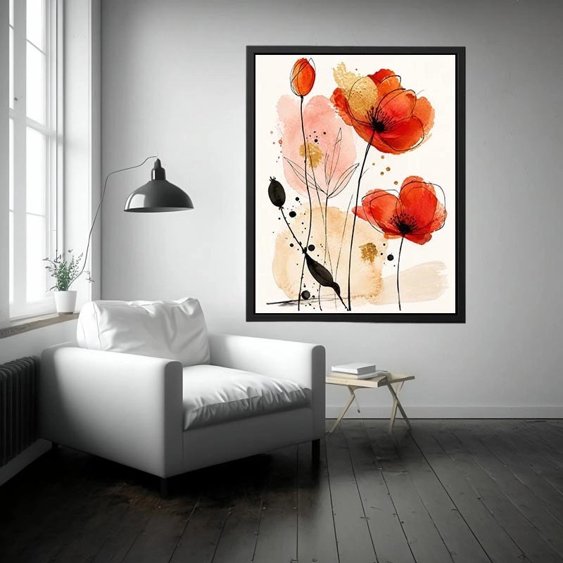 Abstract watercolor poppy floral artwork for stylish living room wall decor.