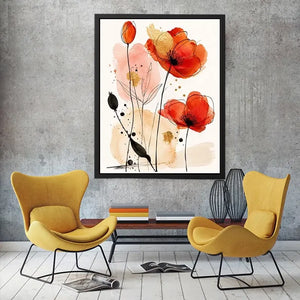 Abstract watercolor poppy floral artwork for stylish living room wall decor.