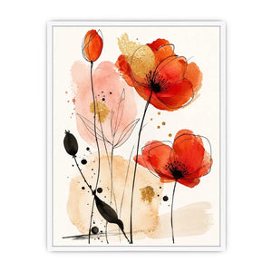Abstract watercolor poppy floral artwork for stylish living room wall decor.