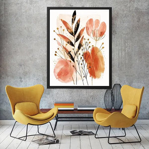 Modern botanical watercolor abstract leaves for stylish living room wall decor.