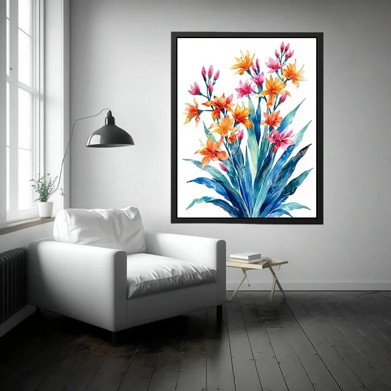 Vibrant tropical watercolor floral bouquet for stylish living room wall decor.
