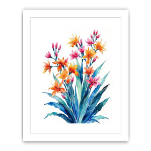 Vibrant tropical watercolor floral bouquet for stylish living room wall decor.