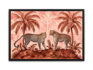 Vintage leopard tropical landscape in blush tones for stylish living room wall decor.