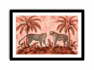 Vintage leopard tropical landscape in blush tones for stylish living room wall decor.