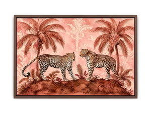 Vintage leopard tropical landscape in blush tones for stylish living room wall decor.