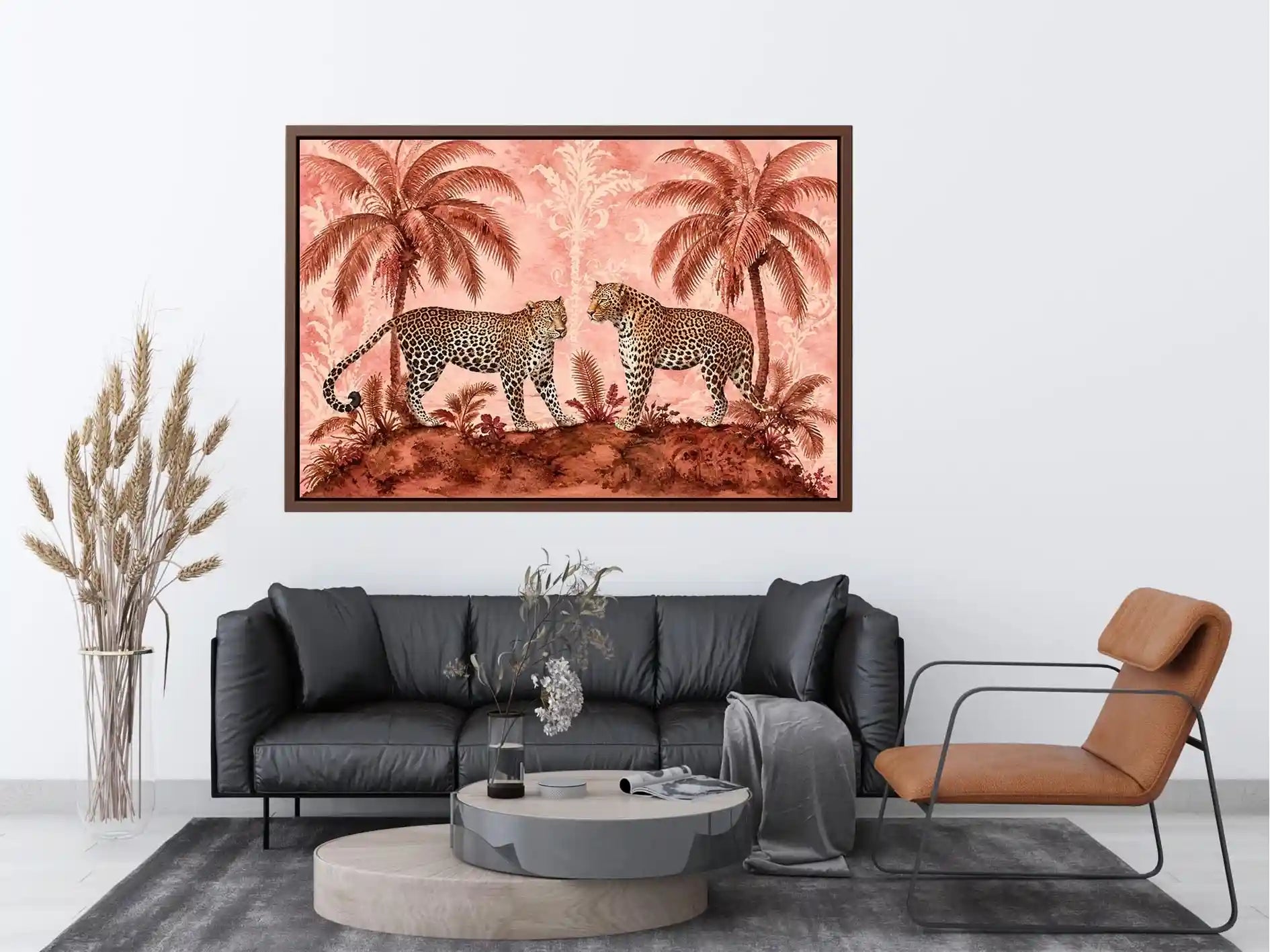 Vintage leopard tropical landscape in blush tones for stylish living room wall decor.