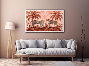 Vintage leopard tropical landscape in blush tones for stylish living room wall decor.