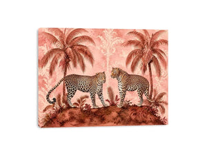 Vintage leopard tropical landscape in blush tones for stylish living room wall decor.
