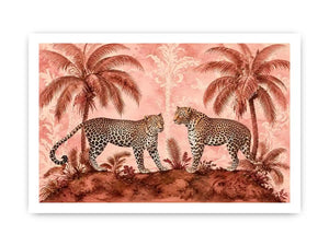 Vintage leopard tropical landscape in blush tones for stylish living room wall decor.