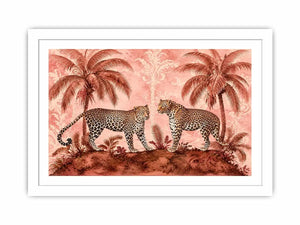 Vintage leopard tropical landscape in blush tones for stylish living room wall decor.