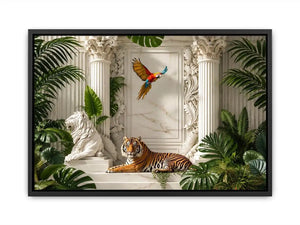 Tiger in luxurious tropical marble palace for stylish living room wall decor.