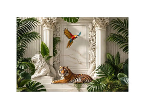 Tiger in luxurious tropical marble palace for stylish living room wall decor.