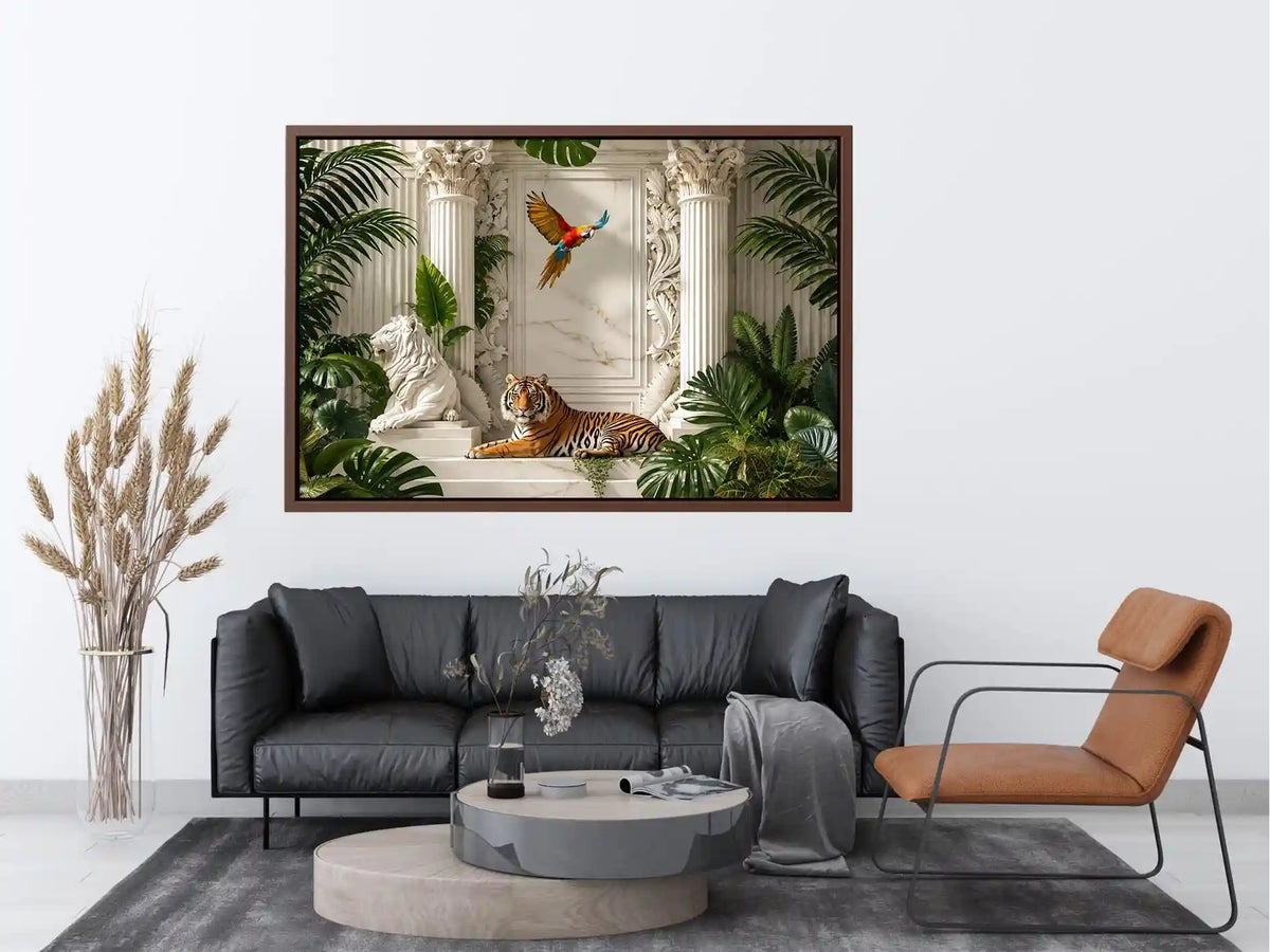 Tiger in luxurious tropical marble palace for stylish living room wall decor.