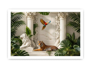 Tiger in luxurious tropical marble palace for stylish living room wall decor.